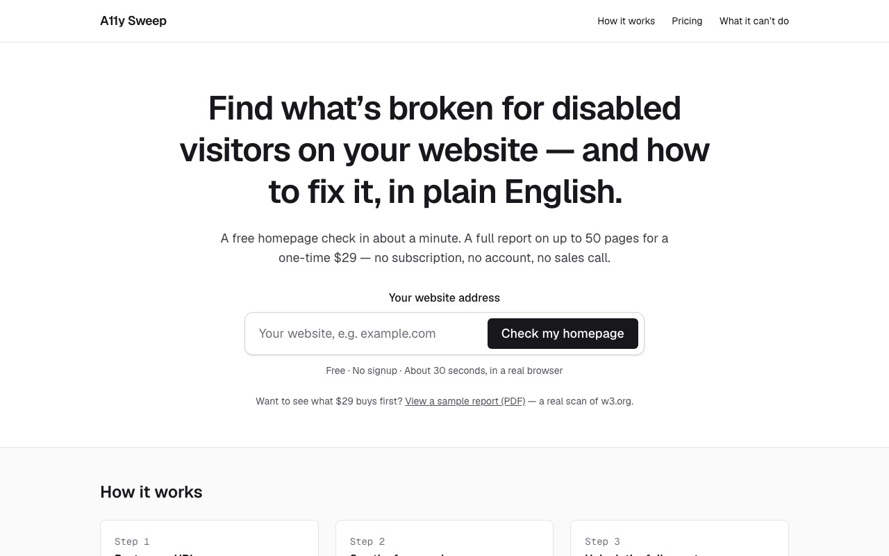 A11y Sweep home page at a11ysweep.com