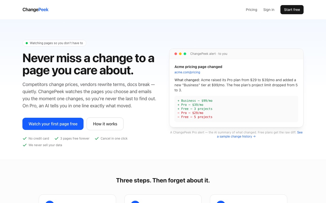 ChangePeek home page at changepeek.com