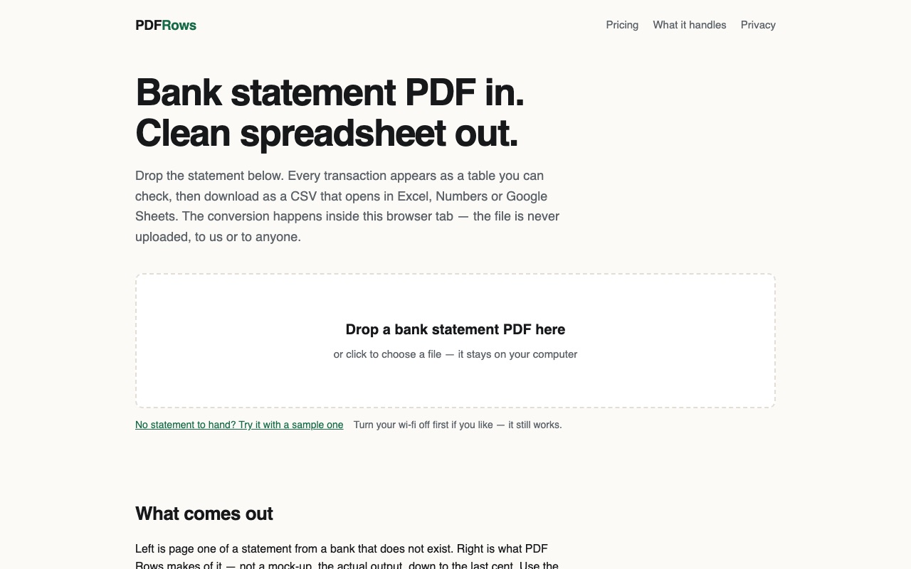 PDF Rows home page at pdfrows.com